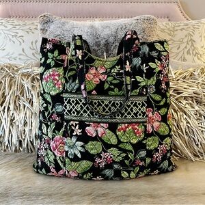 VERA BRADLEY Botanica 2007 Snap Curvy Tote Tall Snap 2 Handles Black Pink Floral